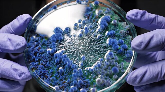 Close up of scientific petri dish with vibrant blue and green bacterial colonies growing in agar culture under