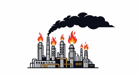 Fototapeta premium A stylized industrial complex with smoking chimneys and flaming stacks on a white background