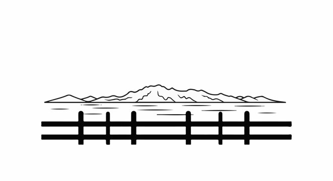 A simple line drawing of a rural landscape with mountains and a fence
