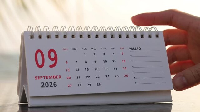 Slow motion footage of flip calendar pages for change months from september to october of the year 2026. concept of planning and starting a new month. 4k horizontal.