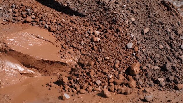 Close Up of Splashing Muddy Water in Sunlight Near Brown Soil and Rocks Showing Construction Site Texture and Movement