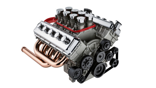 Chrome V8 engine with copper exhaust pipes, isolated on transparent background