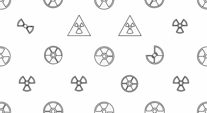 A repetitive pattern of radiation hazard symbols and nuclear energy icons