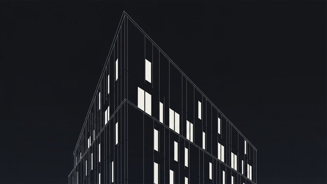 A black and white architectural drawing of a modern building with many windows on a dark background.