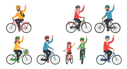 Fototapeta premium Happy group of people including children, adults, and seniors riding bicycles and waving while wearing safety helmets in the outdoors.