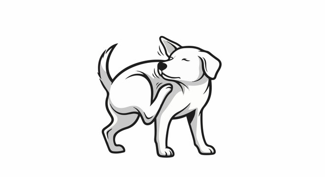 A simple black and white illustration of a dog scratching itself with its hind leg