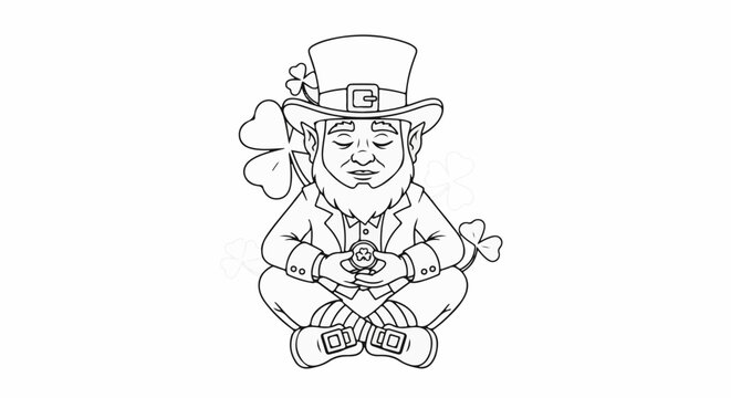 A leprechaun in a hat sits cross-legged holding a shamrock coin