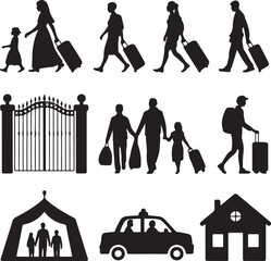 Diverse group of people in silhouette walking with luggage and children near a gate tent police car and building representing migration and displacement silhouette © Masud