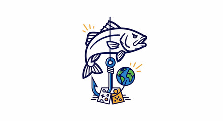 Fototapeta premium A fish caught on a hook with a globe and game controllers