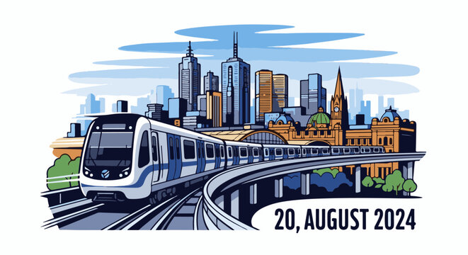 A modern train curves through a stylized city skyline with historic buildings