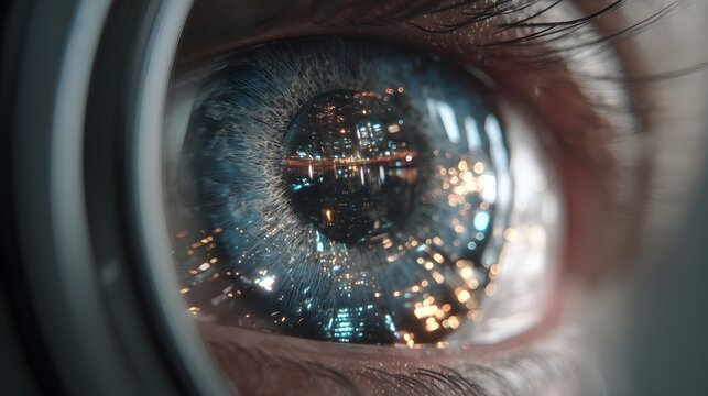 Close up of CCTV device where the glass lens becomes a lifelike iris and pupil, reflections of city lights visible inside the eye, shallow depth of field, minimal background, cinematic mood,
