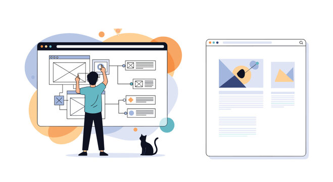 Creative web developer building a website interface layout on a digital screen while a cat sits nearby in his workspace area.