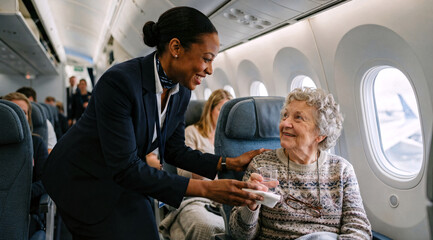 Fototapeta premium Kind Flight Attendant Offering Beverage to Senior Woman on Airplane