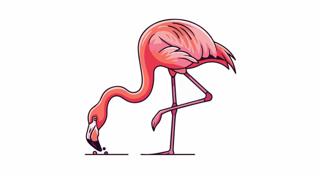 A pink flamingo with its head down, pecking at small objects on a white background