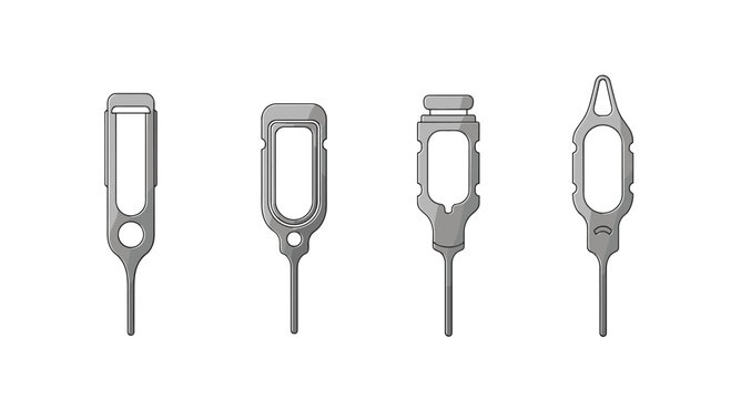 Set of four different types of metal sim card ejector pins for mobile phones and electronic devices in a technical grey style.