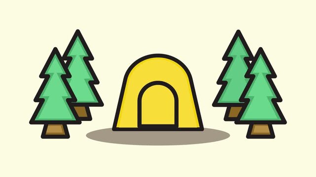 4k footage animation of yellow tent in the middle of forest. camping tent icon, tourist tent, forest, camp, trees, outdoor adventure emblems. Hiking camp animation. Campground symbol. Shelter sign.