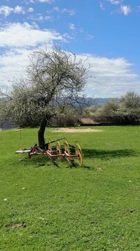 Vertical 4K shot of a vintage threshing machine in a green pasture beside a blossoming tree, with ample copy space for text, ideal for agriculture, heritage, or seasonal themes.
