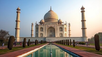 Fototapeta premium Stunning view of the Taj Mahal in Agra, India, showcasing its majestic architecture and beauty.