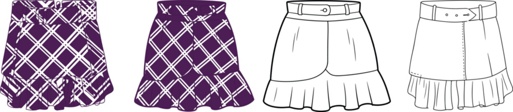 Plaid ruffle skirt fashion template, high waist flared mini skirt with layered hem, front and back views &ndash; vector illustration