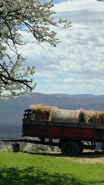 Vertical 4K shot of a farm trailer loaded with straw bales in a rural field with distant views of the Balkan Mountains, highlighting agriculture, harvest, and countryside landscape.