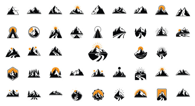 Extensive collection of mountain peak logo designs and landscape icons in black and white with sunset accents.