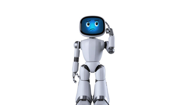 Sad robot with blue screen face touching head, isolated on transparent background