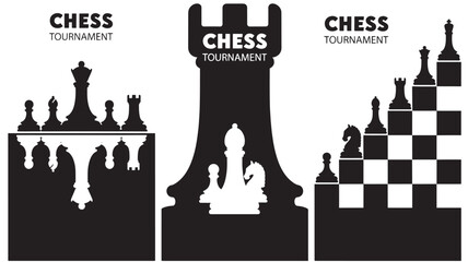 Chess tournament poster with knight, bishop, rook silhouettes and a castle-like chess icon in bold vector style © Harry 