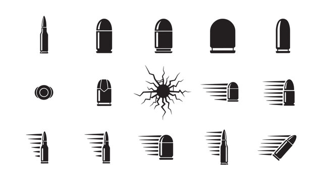 Bullet and rifle ammunition icons set with black vector silhouettes, including shotgun shells, handgun rounds, and sunburst target