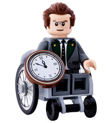 Naklejka premium Dortmund - Deutschland 15. April 2026 - Lego Minifigur Mann mit einer Uhr in der Hand im Rollstuhl