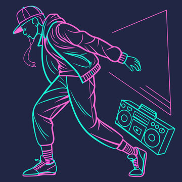 Urban neon breakdancer with vintage boombox audio.
