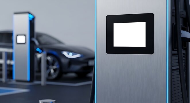 Futuristic electric vehicle charging station featuring a blank screen, emphasizing sustainable energy and the evolution of eco-friendly transportation infrastructure