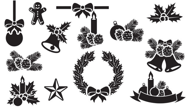 Christmas candle and bow wreath icons set with holly stars, gingerbread, and festive ornaments in black silhouette style