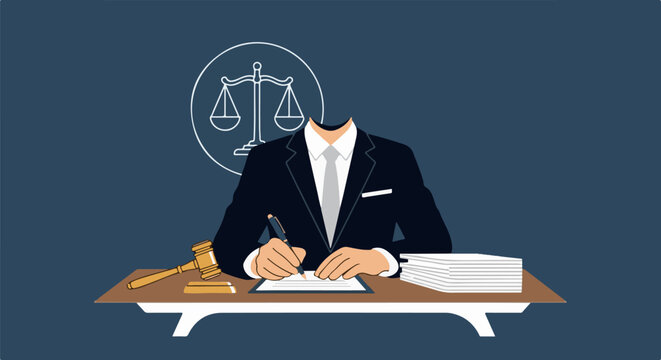 A headless figure in a suit writes at a desk with legal symbols