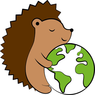 Ic&ocirc;ne / illustration sur la protection de la plan&egrave;te avec un h&eacute;risson (flat design, style cartoon, couleurs, fond transparent)