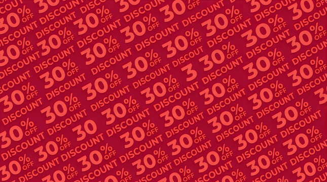 30 percent discount pattern on red background, promotional sale typography wallpaper, retail clearance offer graphic backdrop