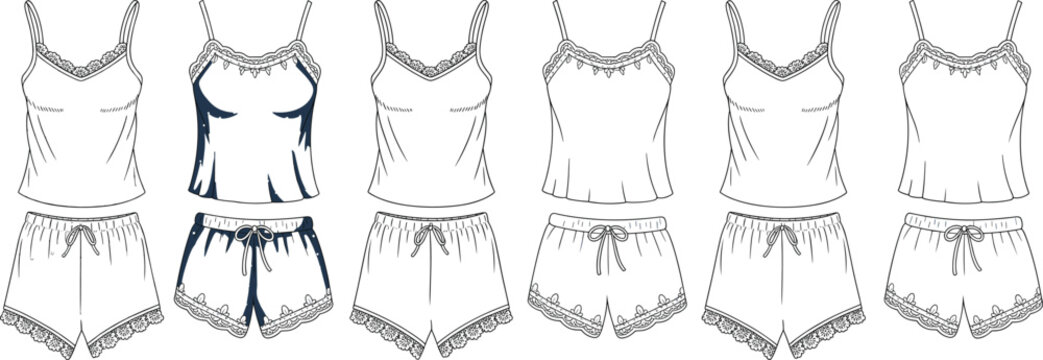 Lace trim camisole and shorts sleepwear set, delicate feminine lingerie designs, soft loungewear outfit sketch collection &ndash; vector illustration