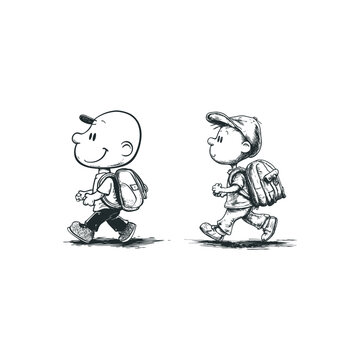 Hand drawn sketch illustration of two cute boys wearing caps and carrying backpacks walking to school.
