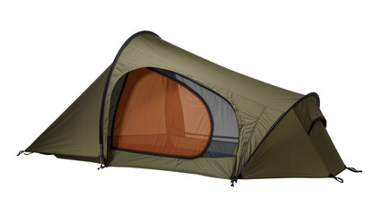 Olive green single person tent with orange interior, isolated on transparent background © Lukas