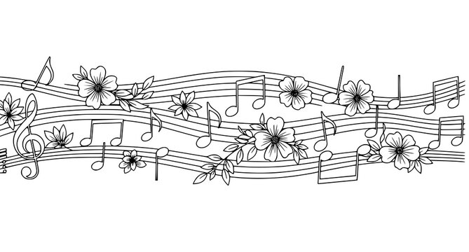 Floral musical border a delicate black and white design with blossoms and notes