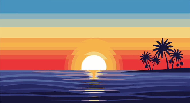 Vibrant pixel art sunset with palm trees on a tranquil beach