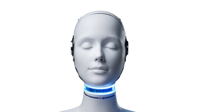 Female android head with closed eyes and glowing blue neck ring, isolated on transparent background