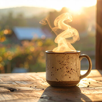 A handmade ceramic mug with warm coffee steam rises on a rustic table at sunrise