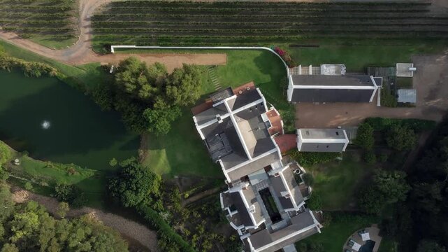 Top down aerial view of South African wine estate in Franschhoek.