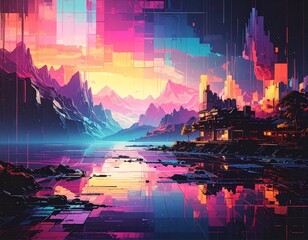 Fototapeta premium Vibrant Pixelated Landscape Reflecting Cityscape Mountains and Water at Sunset