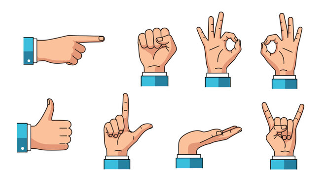 Set of human hand gestures showing common signs like pointing fist ok thumbs up and rock on in a flat color style.