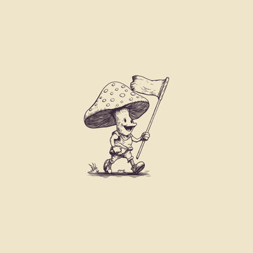 A detailed black and white etching of a happy, anthropomorphic mushroom character holding a flag. This whimsical line art illustration is perfect for creative, mystical, and fun-themed projects.