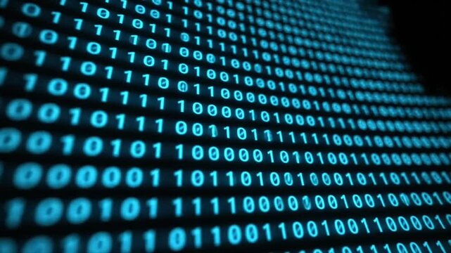 Close-up of blue binary code forming a dense digital pattern, representing data processing and information systems.