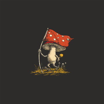 Hand drawn vector illustration of a funny fantasy mushroom character walking and holding a red fly agaric flag on dark background