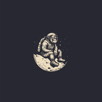 Hand drawn vintage engraving style illustration of a gorilla astronaut wearing a spacesuit sitting on the moon surface surrounded by stars in deep space.