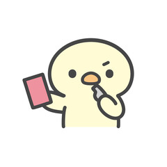 ホイッスルを吹いてレッドカードを出すひよこの手書きイラスト © Nitomaru